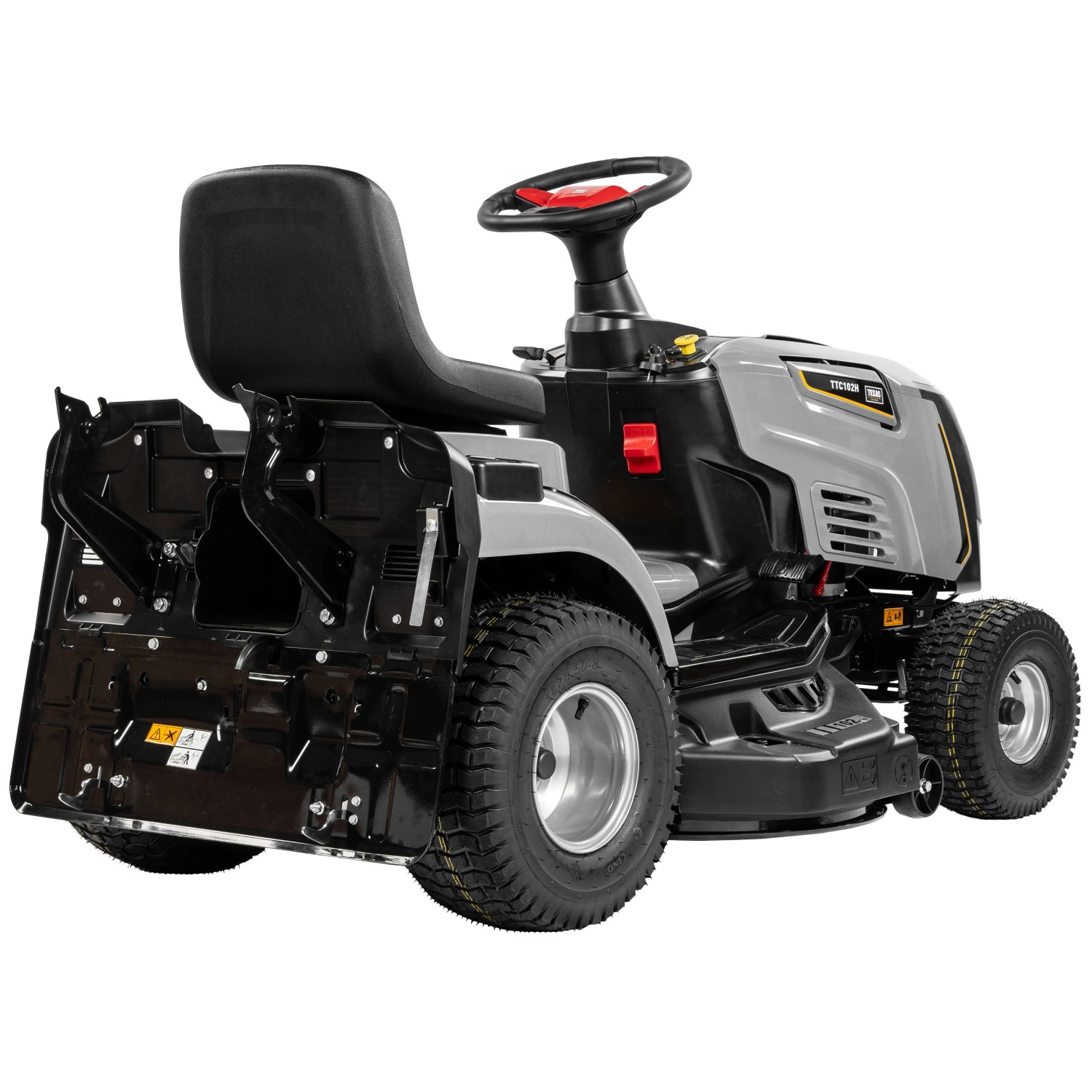 Texas Benzin-Rasentraktor Premium TTC102H, Heckansicht. Rasentraktor mit großem Fangkorb.