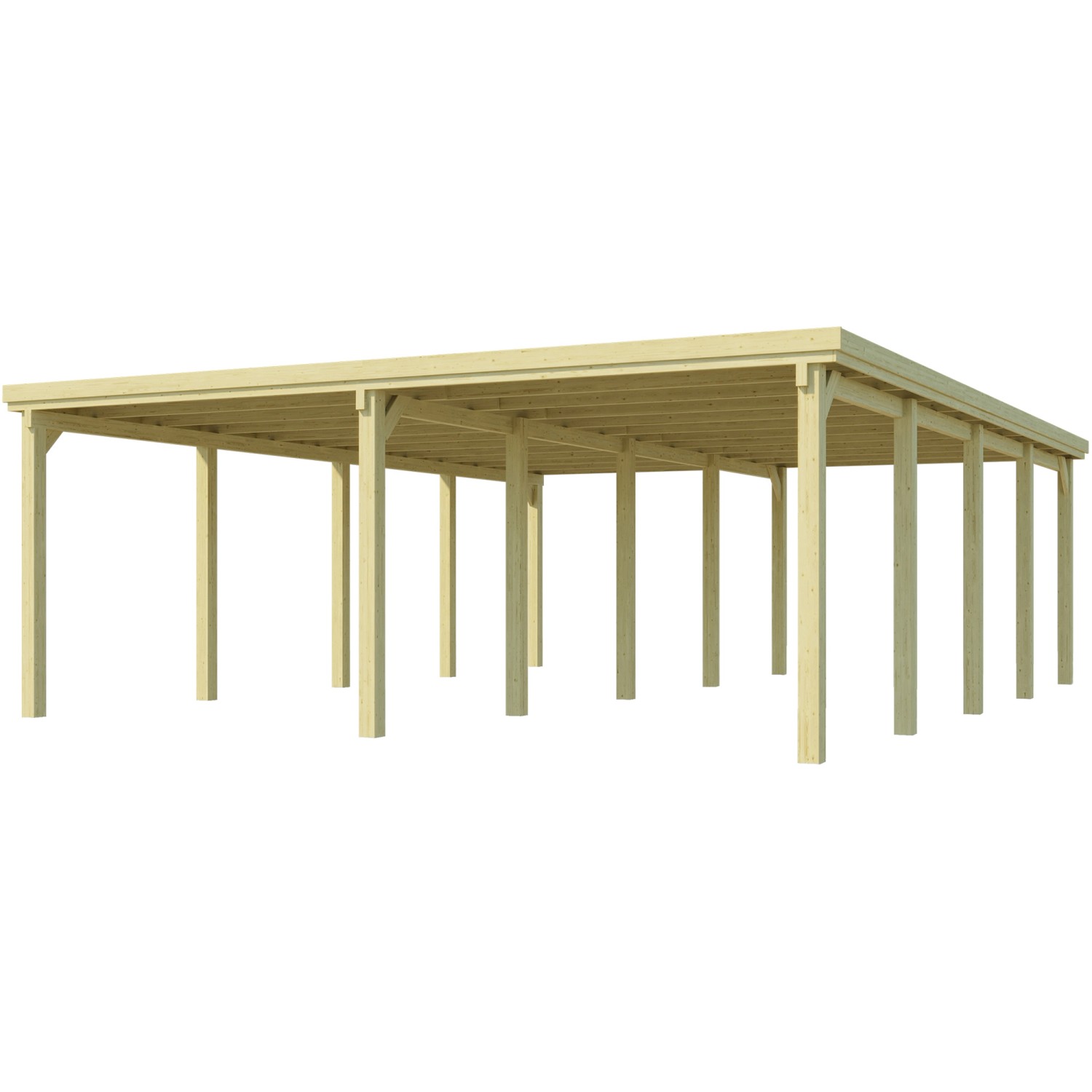 Weka Doppelcarport aus Holz, Flachdach, ohne Dachplatten, 603x802 cm.