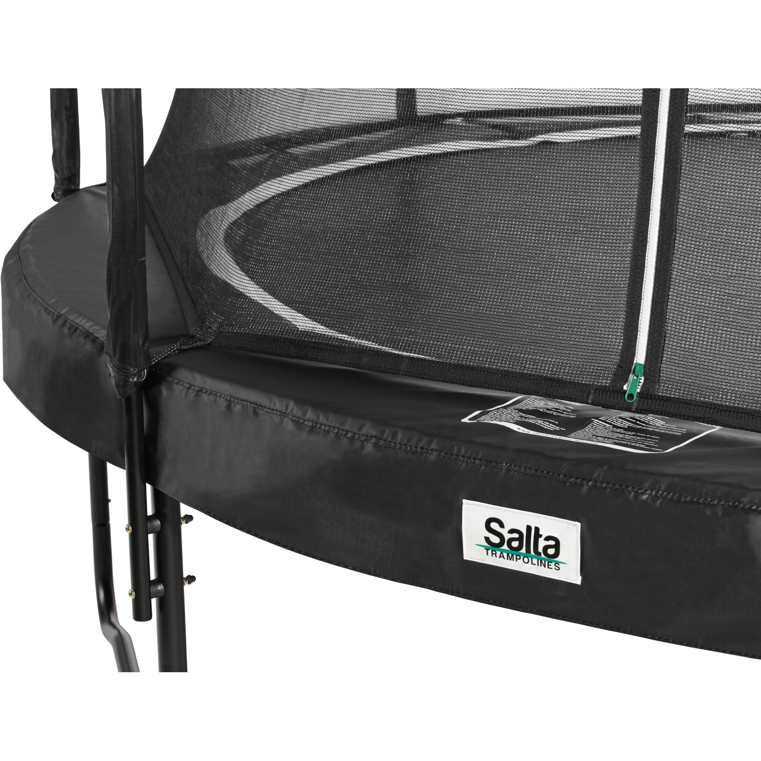 Detailaufnahme: Schwarzes Salta Premium Trampolin Ø 183 cm mit Sicherheitsnetz und dickem Schutzrand.