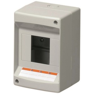 Grauer Aufputz-Verteiler, 4-polig, IP40, ohne Tür. Verteilerkasten für Elektroinstallation.