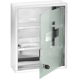 Offener Wenko Bad-Hängeschrank in Alufarben mit Glastür und Regalböden.