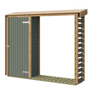 Weka Brennholzregal Killarney 300 in Grau-Grün/Eiche mit abschließbarer Tür und Holzboden.