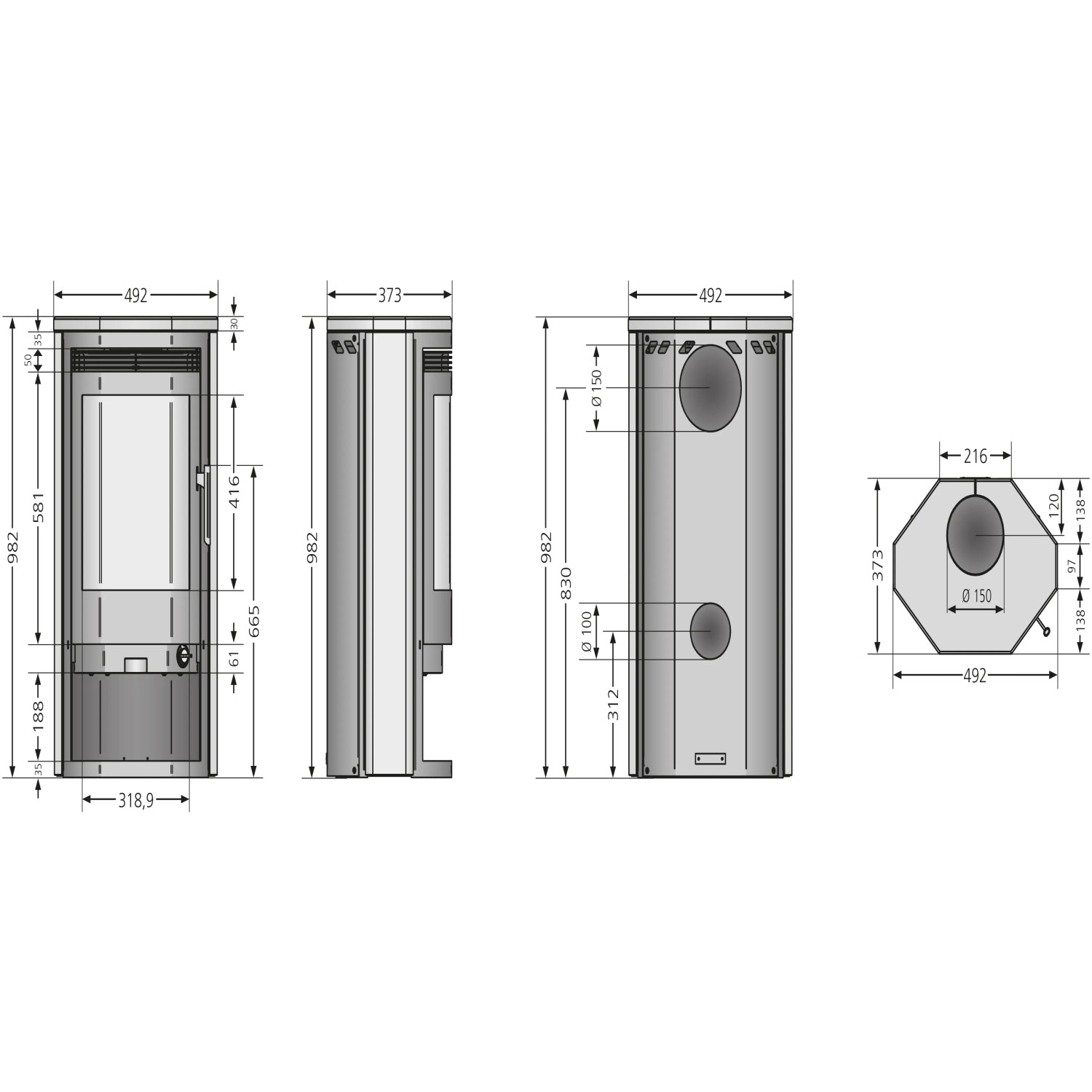 Maße des Justus Dauerbrand Kaminofen Usedom 5D Sandstein Schwarz mit Automatik, technische Zeichnung.