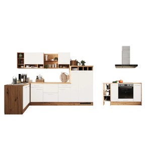 Weiße Respekta Winkelküche Hilde 310x172 cm mit Kücheninsel und Elektrogeräten.