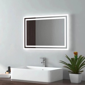 Rechteckiger Emke LED Badspiegel 60x40 cm mit beleuchtetem Rahmen, Anti-Beschlag und zwei Lichtfarben über Waschbecken.