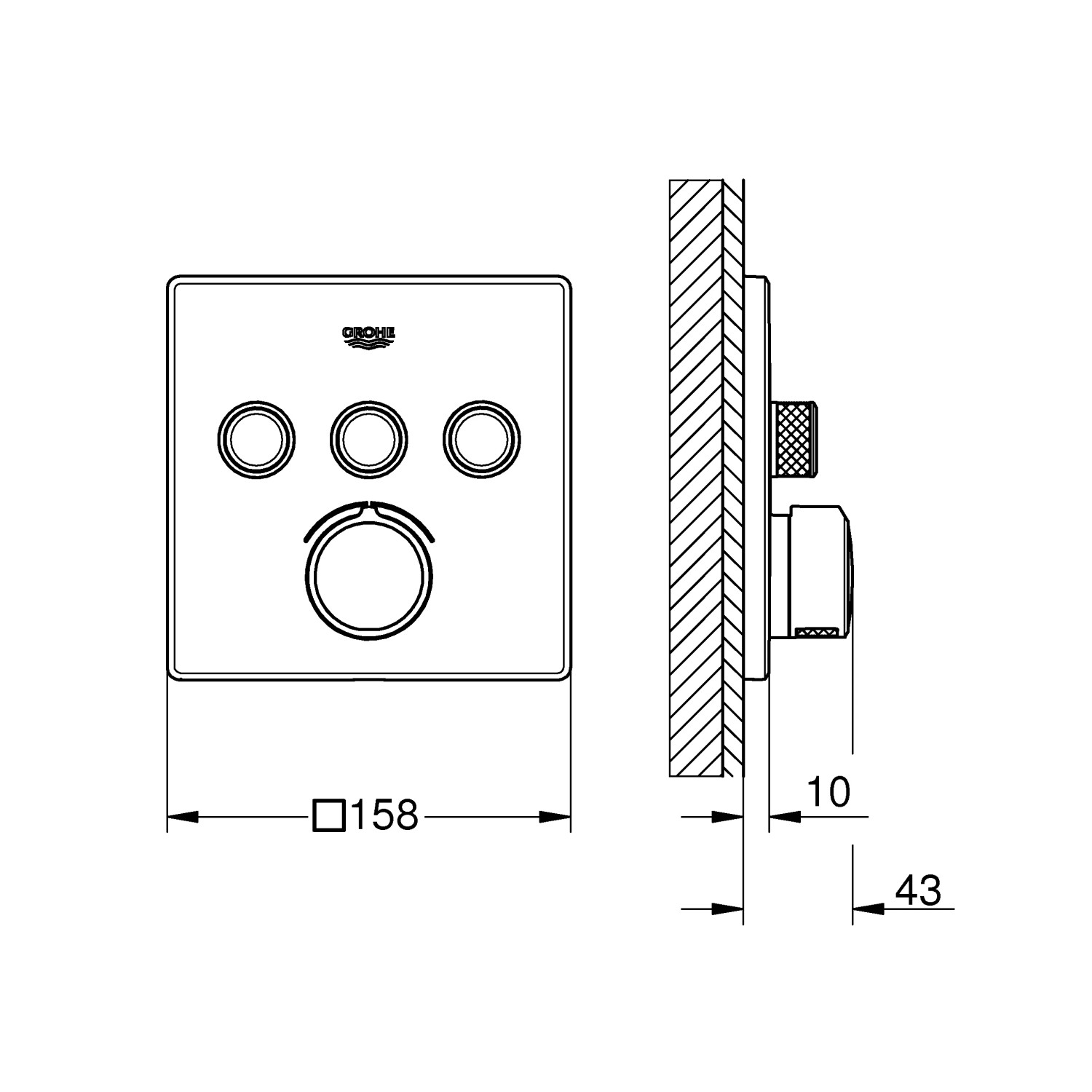 Grohe Unterputzmischer SmartControl, eckig, Chrom, mit 3 Absperrventilen. Schemazeichnung.