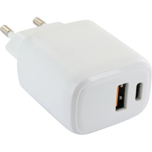 Weißes Schwaiger Schnell-Ladegerät mit USB und USB-C Anschluss für Handy-Zubehör.