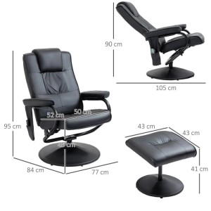 Schwarzer HOMCOM Massagesessel mit Hocker, elektrischer Liegefunktion und Fernbedienung. Maße abgebildet.