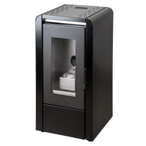 Schwarzer Blaze Pelletofen Baby 5 kW mit Sichtfenster. Kompakter Ofen für nachhaltiges Heizen.