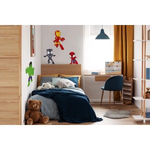 Wandsticker Spiderman Group von Komar im Kinderzimmer mit Iron Man, Hulk, Black Panther und Spiderman.