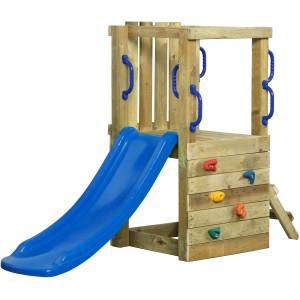SwingKing Spielturm Irma Small mit blauer Rutsche, Kletterwand und Griffen aus Holz für Kinder.