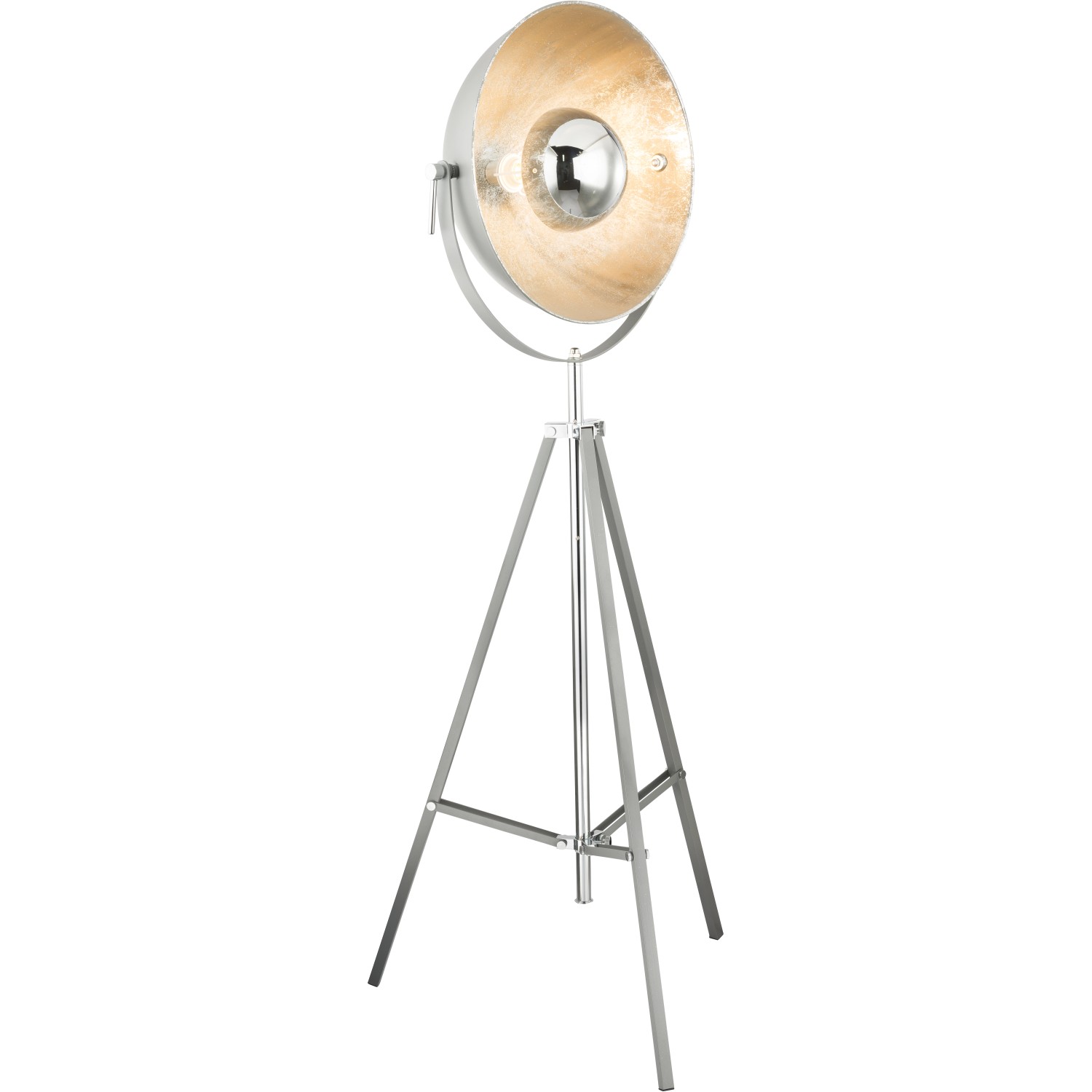 Chrom-silberne Globo Stehleuchte Xirena mit Dreibein und beweglichem Schirm.