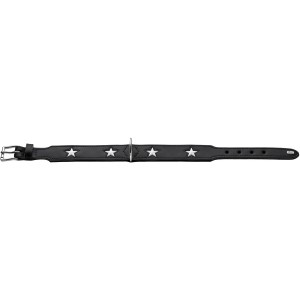 Schwarzes Hundehalsband mit silbernen Sternen und Metallschnalle.