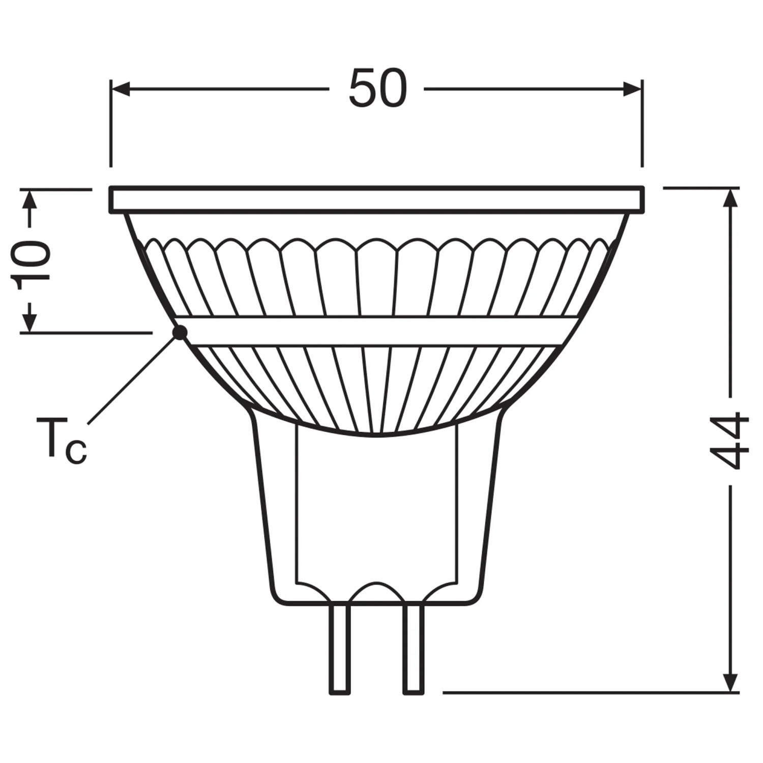 Technische Zeichnung Osram LED GU5.3 Spot MR16, Maße und Details zur Leuchte.