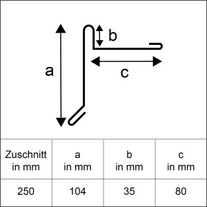 Skizze eines Alu Ortblechs mit Wasserfalz, Zuschnitt 250x2000mm, Detailmaße a, b, c.