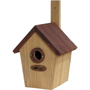 Braun gebeizter Halbhöhlenbrüter-Nistkasten aus FSC®-Holz, 33x21cm, mit rundem Einflugloch.