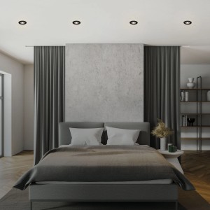 Brilo LED-Einbaustrahler Kulana, 4er-Set, dimmbar, schwarz matt, im Schlafzimmer.
