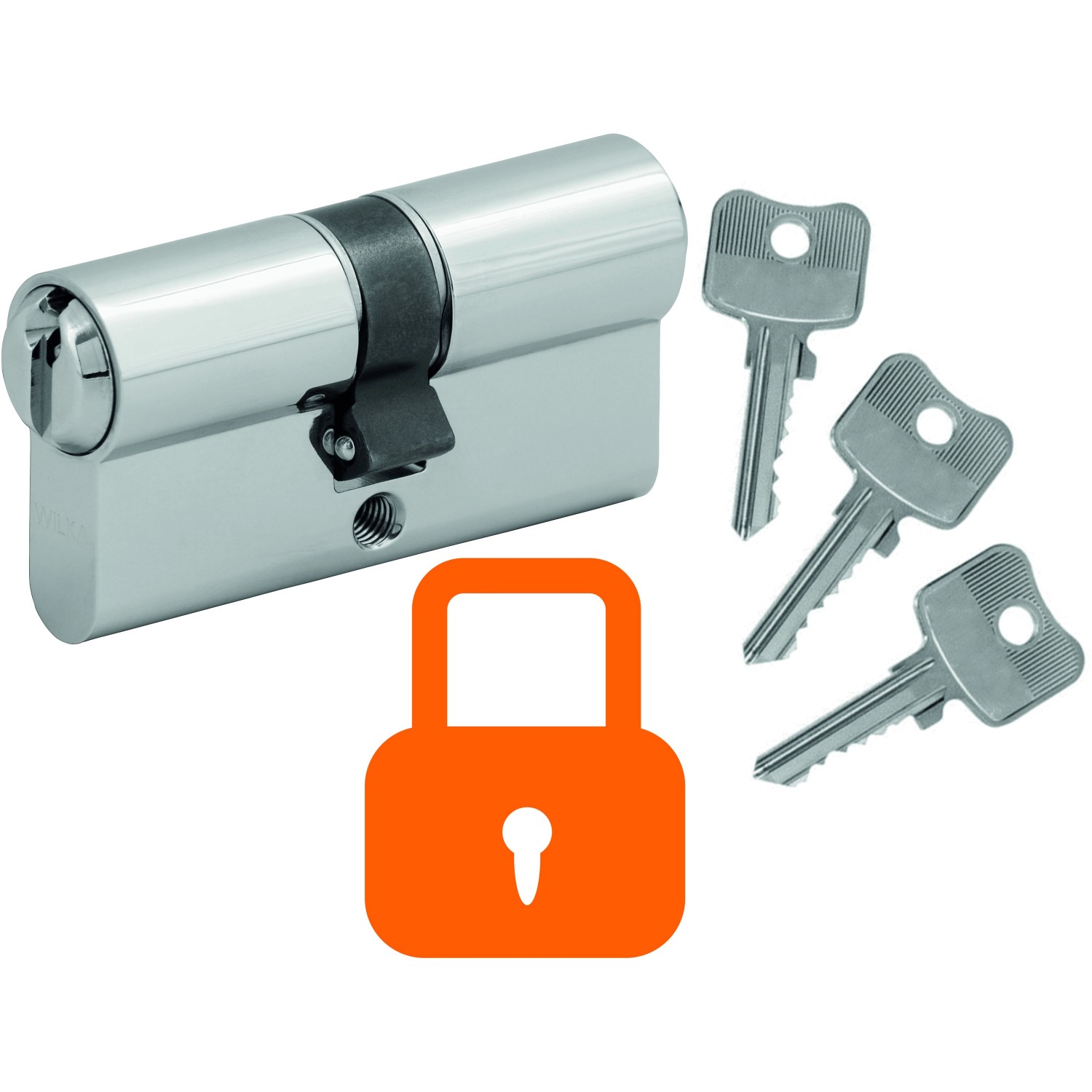 Haustür-Schließzylinder mit drei Schlüsseln und orangefarbenem Schloss-Symbol.