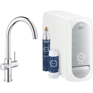 Grohe Blue Home Spültischarmatur Chrom mit Filter, CO2-Flasche und Kühlgerät.