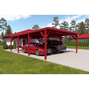 Holzbrüder Doppelcarport Ralf, oxidrot mit Blechdach, zwei Autos parken darunter.