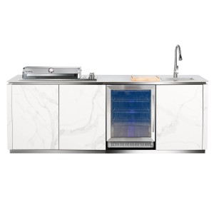 Buschbeck Outdoorküche Sheffield mit Keramikfront, Grill, Spüle und Kühlschrank. Inkl. Wetterschutzhülle.