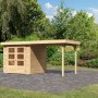 Karibu Gartenhaus Speedy A aus naturbelassenem Holz mit Doppeltür, Fenstern und Anbaudach auf gepflasterter Fläche.