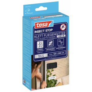 Verpackung des tesa® Insect Stop Klett Fliegengitter Premium Fenster, anthrazit, max. 120x240cm.
