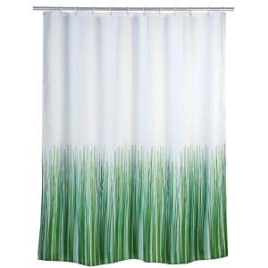 Wenko Anti-Schimmel Duschvorhang Nature, 180x200 cm, weiß mit grünem Gräser-Motiv.