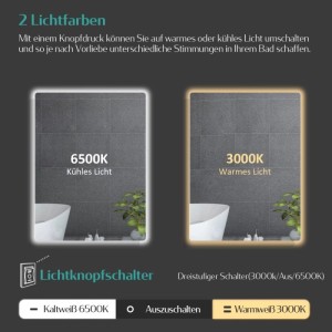 Emke LED-Badspiegel zeigt zwei Lichtfarben: helles Kaltweiß (6500K) und warmes Gelbweiß (3000K) für Ambiente.