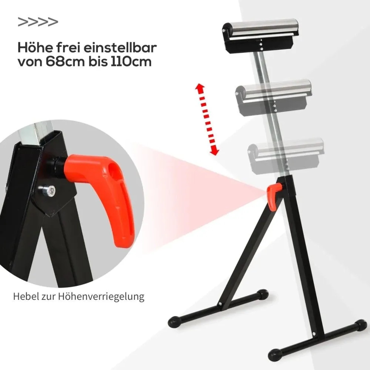 HOMCOM Rollenbock, schwarz, höhenverstellbar 68-110 cm mit rotem Hebel. Ideal für Werkstatt & Holzbearbeitung.