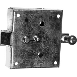 Knopfriegelschloss mit Schließblech und Rosette für Innentüren.