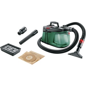 Bosch EasyVac 3 Trockensauger mit Zubehör wie Düsen, Filter und Staubsaugerbeutel.