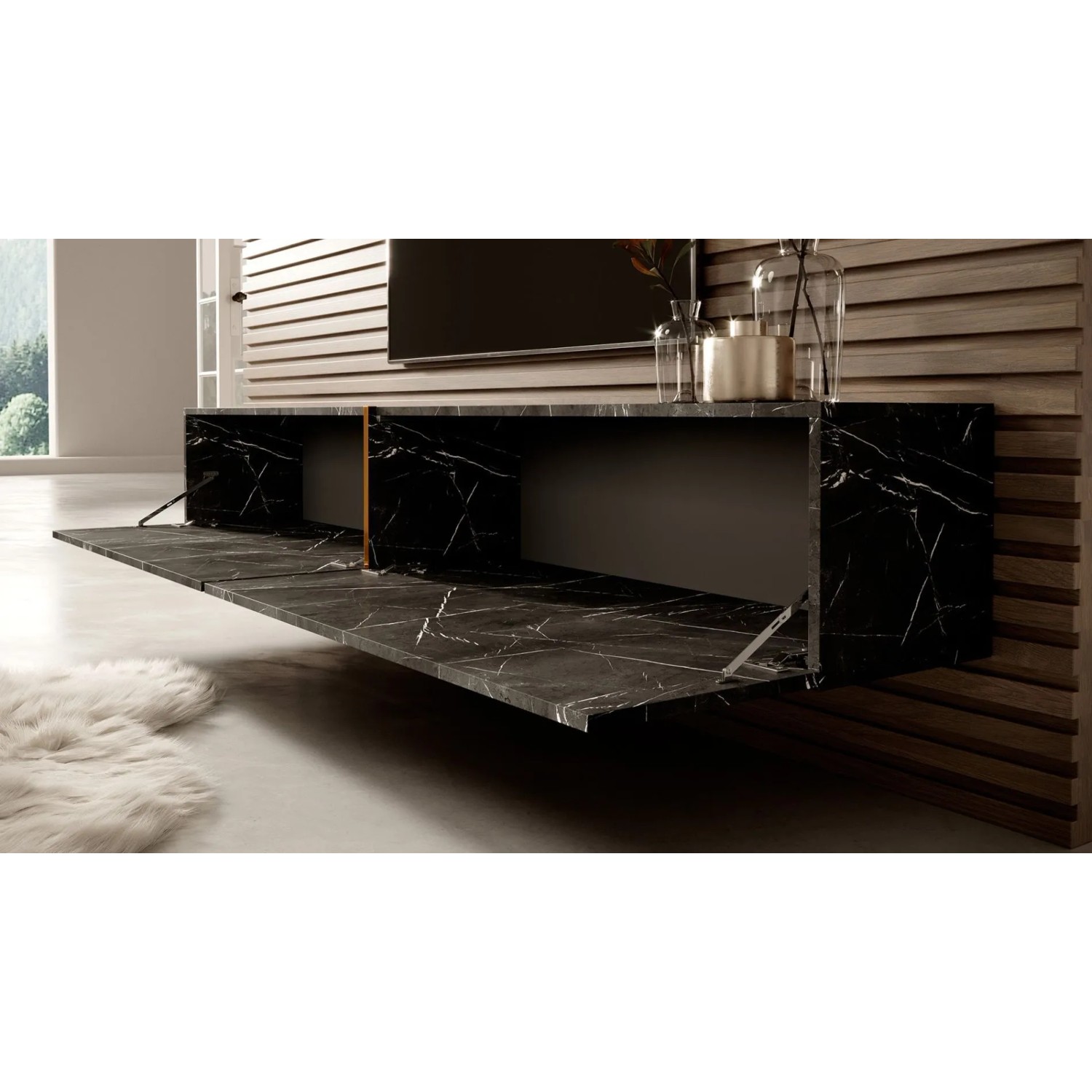 Selsey TV-Hängeboard Bisira, 200 cm, schwarze Marmoroptik mit goldenem Einsatz, offene Klapptüren, unter TV.