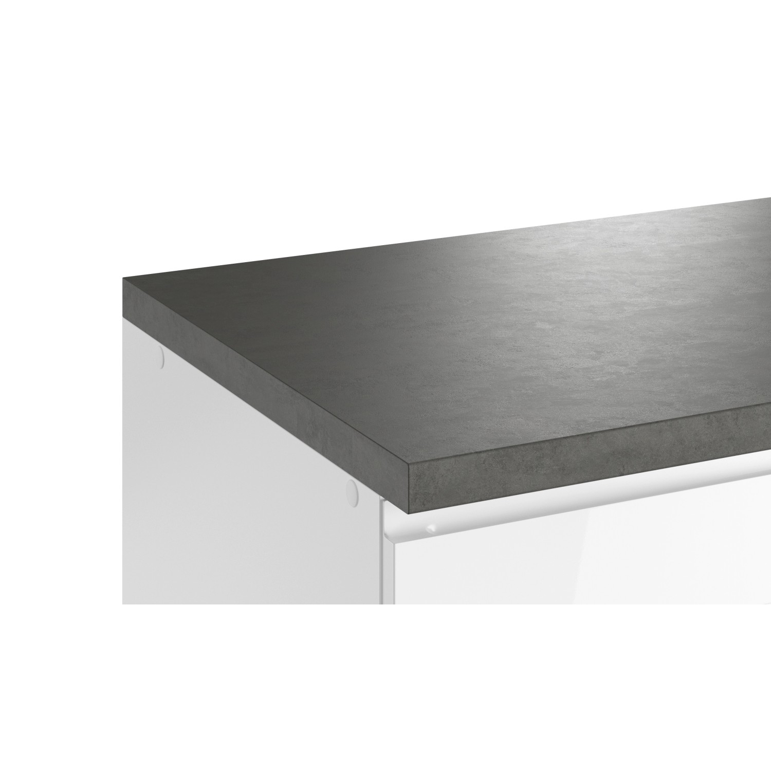 Detailaufnahme: Küchenzeile Gera, 300 cm, Weiß/Beton, Fokus auf Arbeitsplatte und griffloser Front.