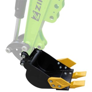 Zipper Baggerschaufel ZI-MBGS850DBS 200 mm, schwarz, mit gelben Zähnen am Minibagger. Robustes Zubehör für Grabarbeiten.
