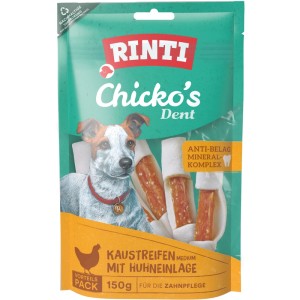 Rinti Chicko Dent Medium Huhn, 150g Packung Hunde-Kaustreifen mit Hühnchen für die Zahnpflege.