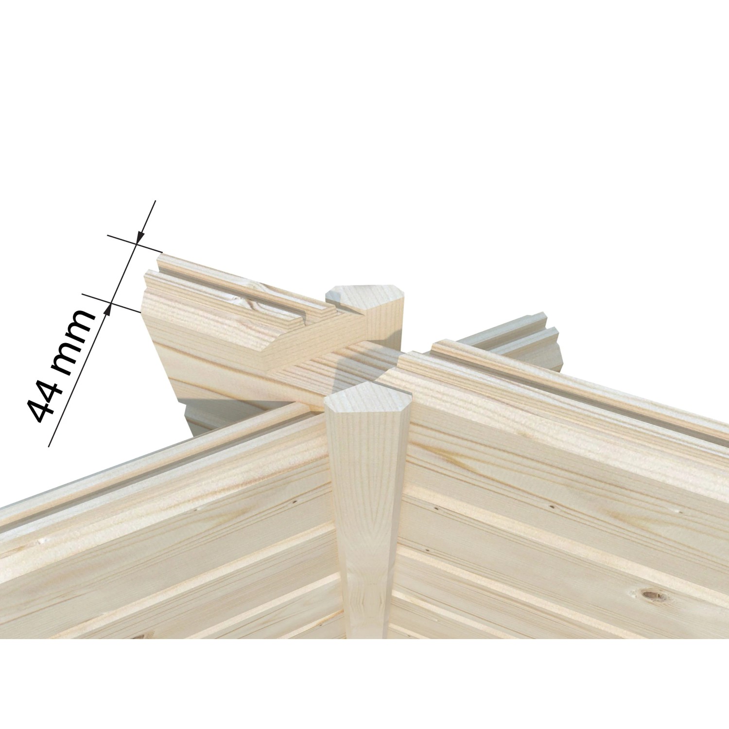 Detailaufnahme der 44 mm Blockbohlen des Palmako Holz-Pavillons Hanna.