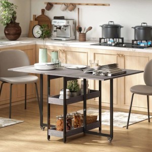 Grauer HOMCOM Klapp-Esstisch aus Spanplatte und Metall mit Rollen und Ablagefächern. Flexibler Ausziehtisch für Küche/Esszimmer.