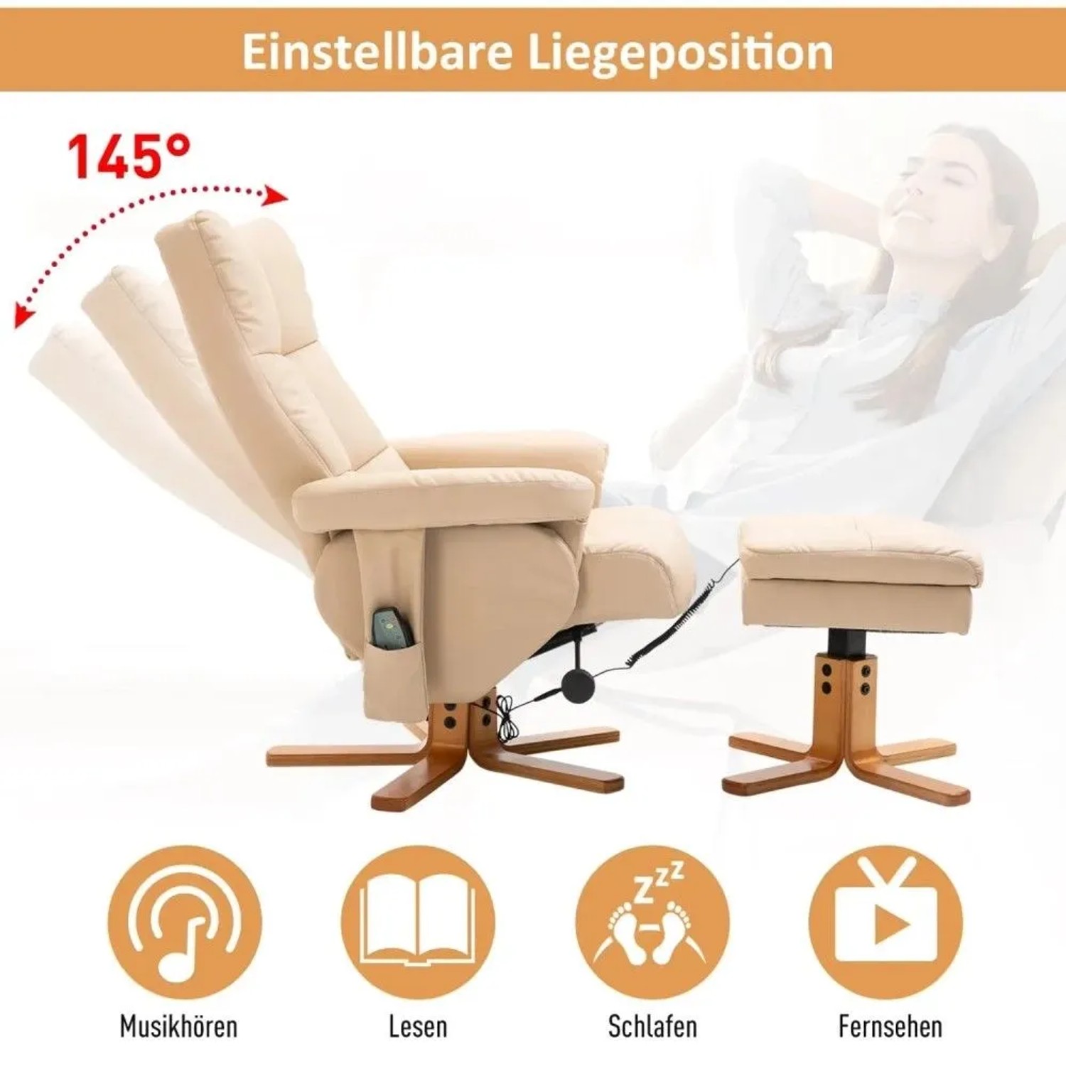 Cremeweißer HOMCOM Massagesessel mit Fußhocker, 145 Grad Neigung. Ideal für Entspannung & Komfort.