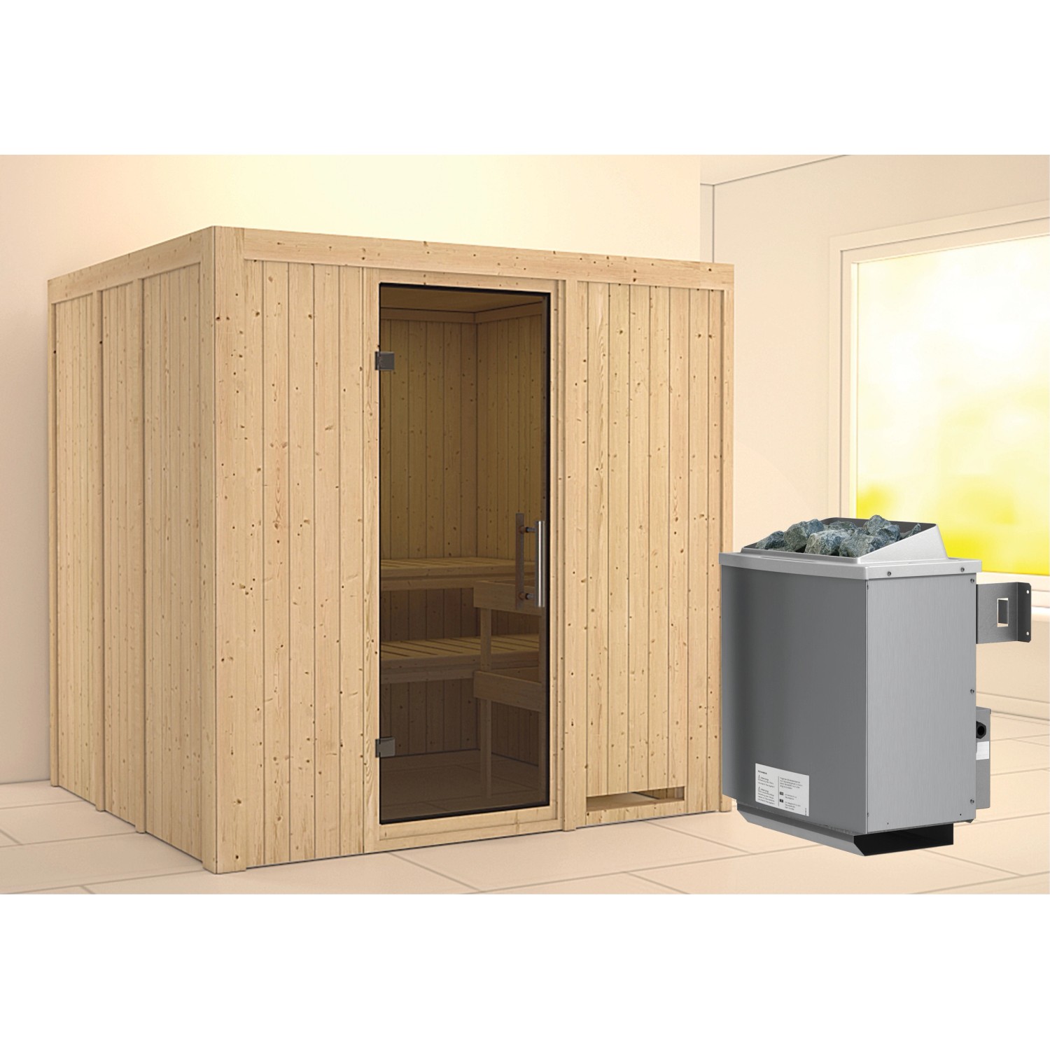 Karibu Sauna-Set Stina mit Ofen und Graphit-Tür. Massivholzsauna aus Fichte mit Liegen und Ofen.