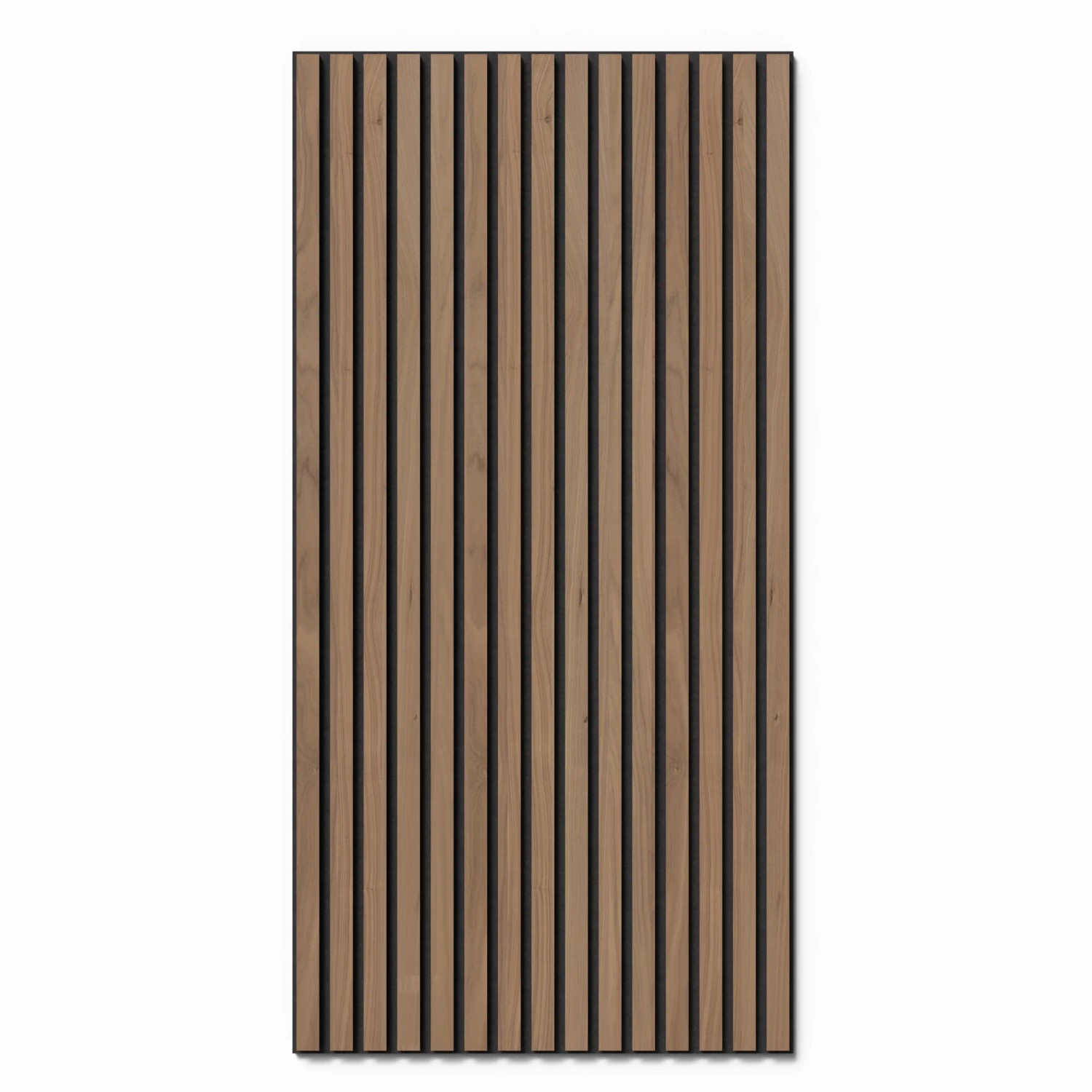 Akustikpaneel in Walnuss-Optik mit schwarzem Akustikfilz für Wand- und Deckenmontage, 119,8 cm hoch.