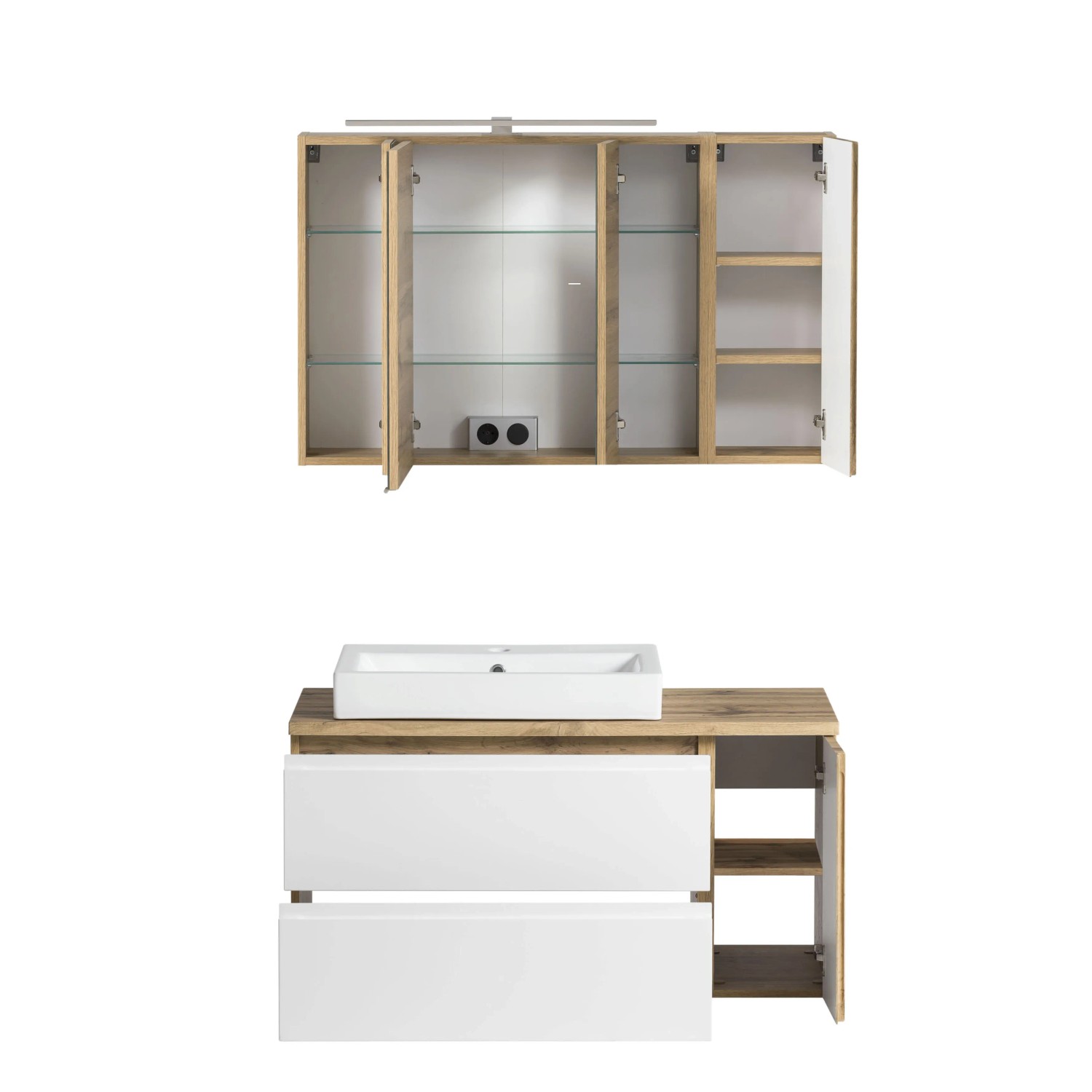 Held Möbel Waschtisch-Set Ancona, 105 cm, Weiß/Wotaneiche, Becken links, mit Spiegelschrank