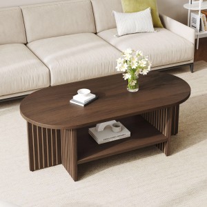 Merax Couchtisch Oval MDF Mit Ablagefach Rillenoptik Sofatisch Wohnzimmertisch Holzoptik