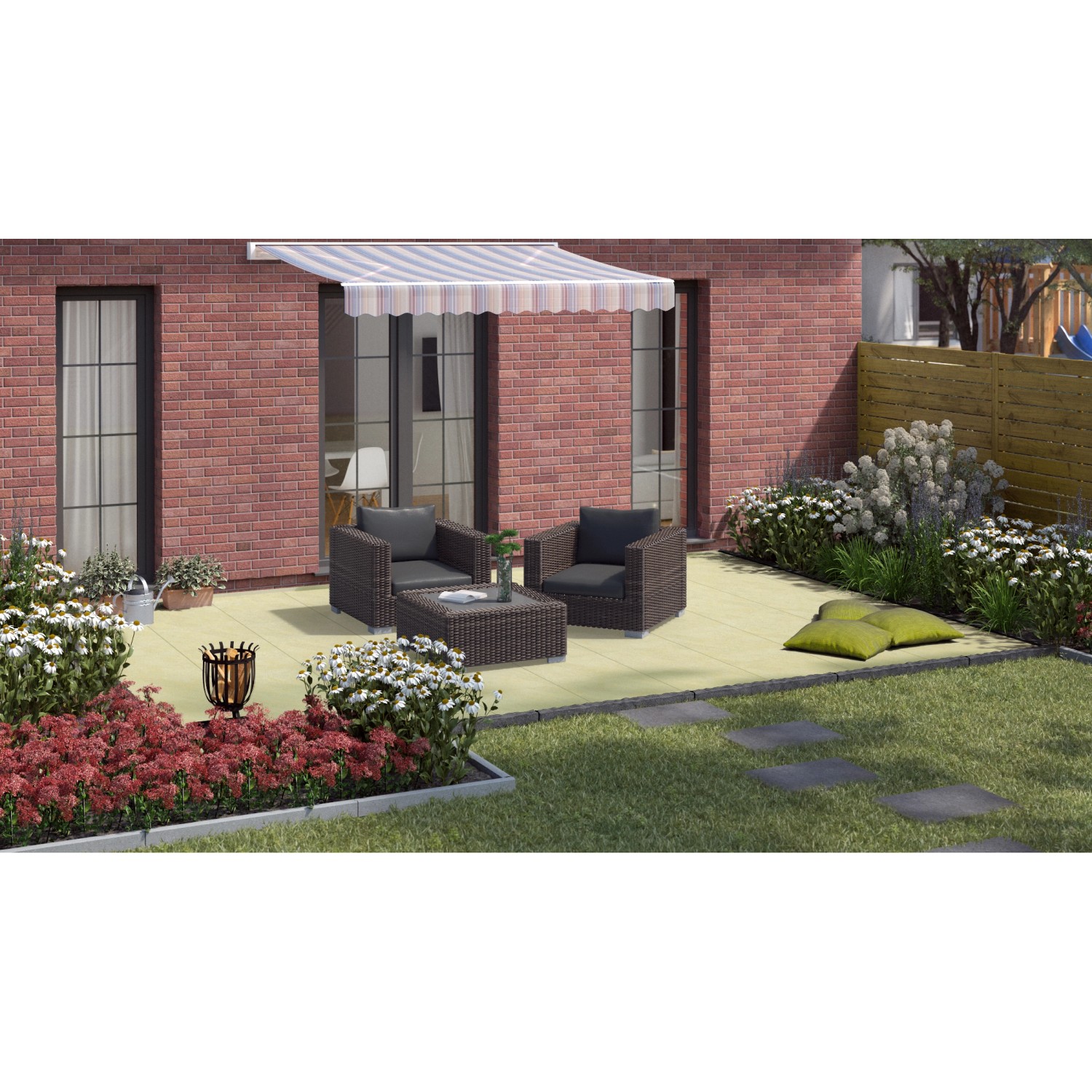 Verlegte, beige Feinsteinzeug Terrassenplatten Manhattan 60x60 cm mit Sitzgruppe auf Terrasse.