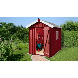 Rotes Weka Holz-Gartenhaus mit Satteldach und geöffneter Tür, Gartengeräte sichtbar.