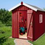 Rotes Weka Holz-Gartenhaus mit Satteldach und geöffneter Tür, Gartengeräte sichtbar.