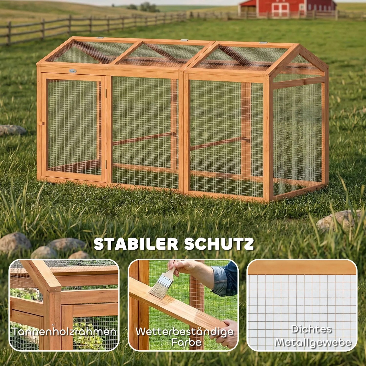 Orangefarbenes PawHut Hühnergehege aus Tannenholz mit Metallgitter auf grünem Gras. Stabiler Freilauf für Hühner.