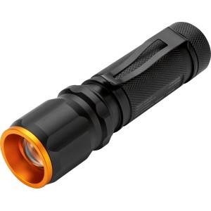 Schwarze LED Taschenlampe mit Clip und orangenem Rand.