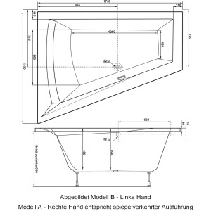 Technische Zeichnung Ottofond Whirlpool Galia II Mod. B, Maße 175x135 cm, Details zu Abmessungen.
