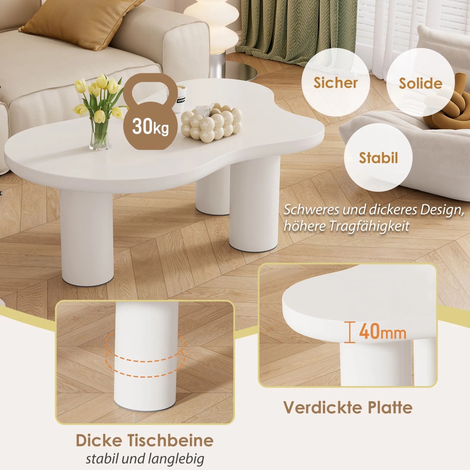 okwish Couchtisch mit Wolkenform Design Wohnzimmer 107x66x40cm Weiß_8